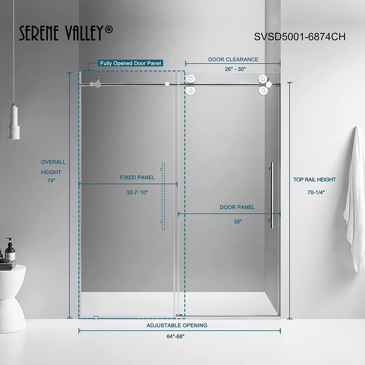 Serene Valley SVSD5001-6874CH Big Roller Frameless Sliding Shower Door - Superclear 3/8" Tempered Glass - 304 Stainless Steel Hardware in Chrome 64"- 68"W x 74"H