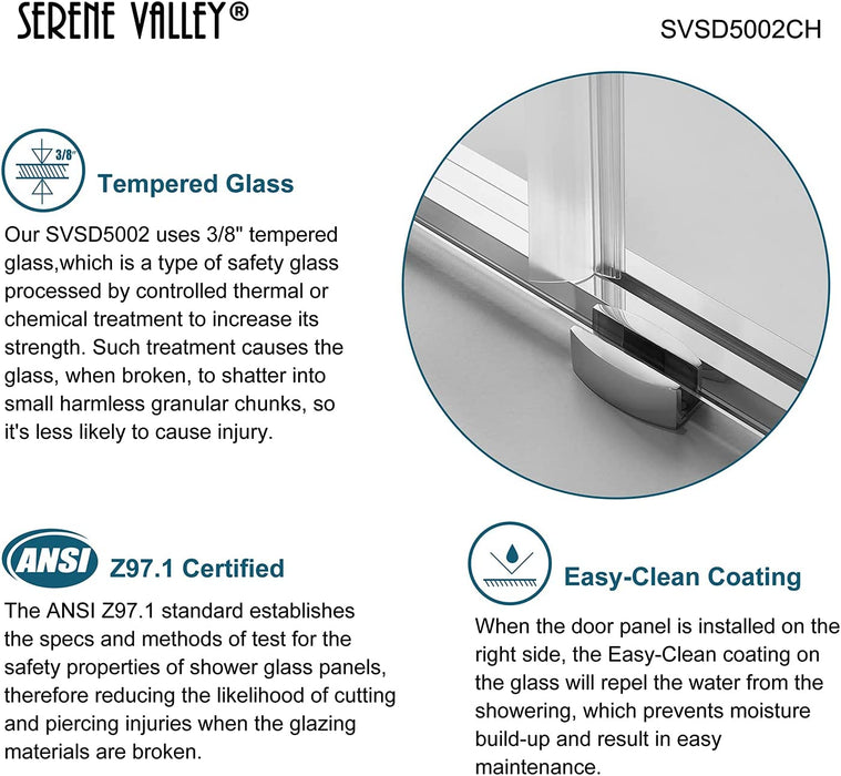 Serene Valley SVSD5002-5676CH Big Roller Frameless Sliding Shower Door - Superclear 3/8" Tempered Glass - 304 Stainless Steel Hardware in Chrome 52"- 56"W x 76"H