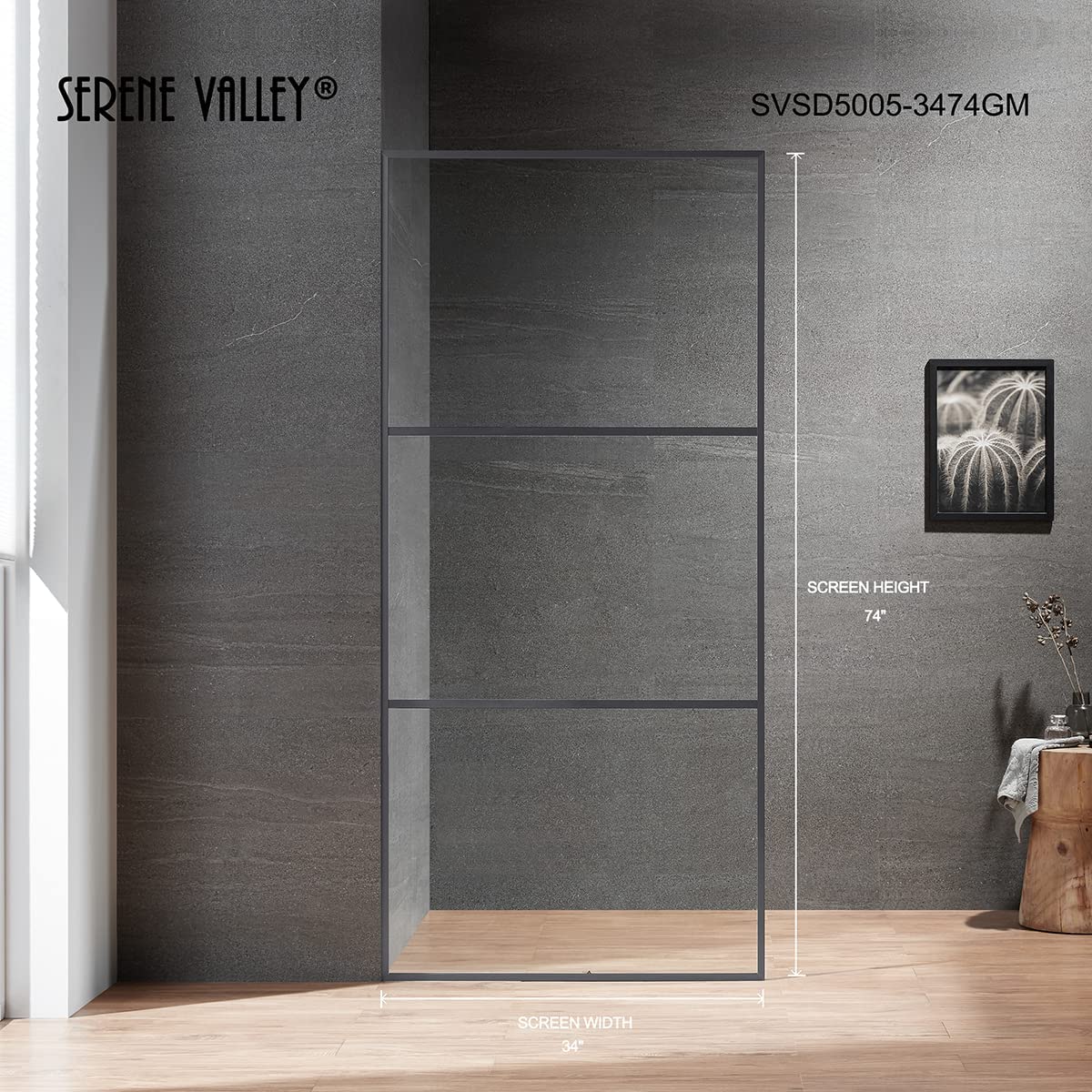 Serene Valley Stand-Alone Shower Screen SVSD5005-3474GM, 3/8" Tempered Glass with Easy-Clean Coating, Premium 304 Stainless Steel Construction with Reversible Installation, Gunmetal Finish