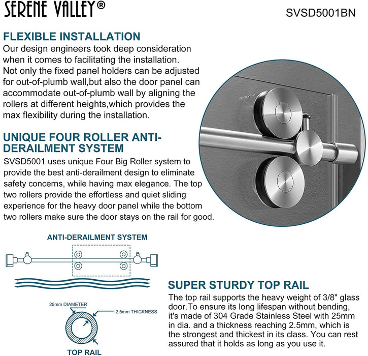 Serene Valley SVSD5001-6474BN Big Roller Frameless Sliding Shower Door - Superclear 3/8" Tempered Glass - 304 Stainless Steel Hardware in Brushed Nickel 60"- 64"W x 74"H