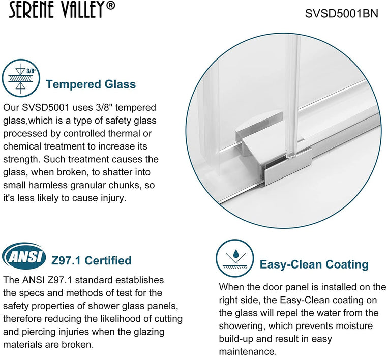 Serene Valley SVSD5001-4874BN Big Roller Frameless Sliding Shower Door - Superclear 3/8" Tempered Glass - 304 Stainless Steel Hardware in Brushed Nickel 44"- 48"W x 74"H