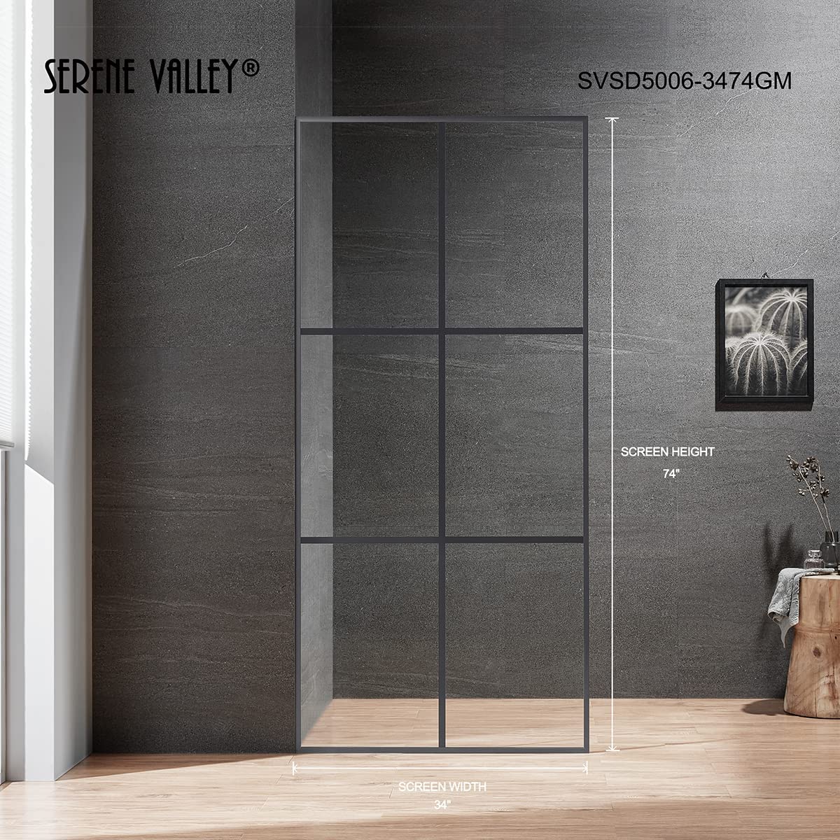 Serene Valley Stand-Alone Shower Screen SVSD5006-3474GM, 3/8" Tempered Glass with Easy-Clean Coating, Premium 304 Stainless Steel Construction with Reversible Installation, Gunmetal Finish