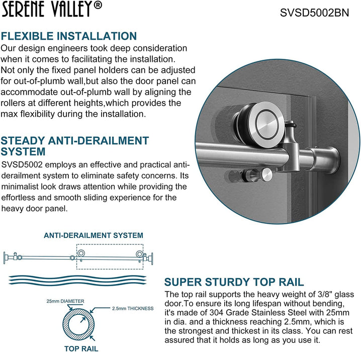 Serene Valley SVSD5002-5276BN Big Roller Frameless Sliding Shower Door - Superclear 3/8" Tempered Glass - 304 Stainless Steel Hardware in Brushed Nickel 48"- 52"W x 76"H