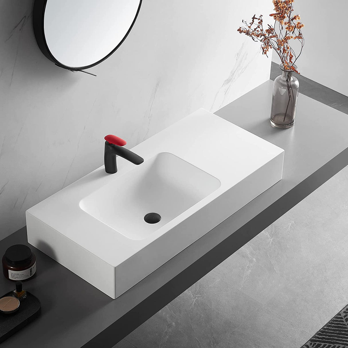 Serene Valley Bathroom Sink, Wall-Mount or On Countertop, 47" with Square Sink and Flat Space, Single Faucet Hole, Solid Surface Material in Matte White