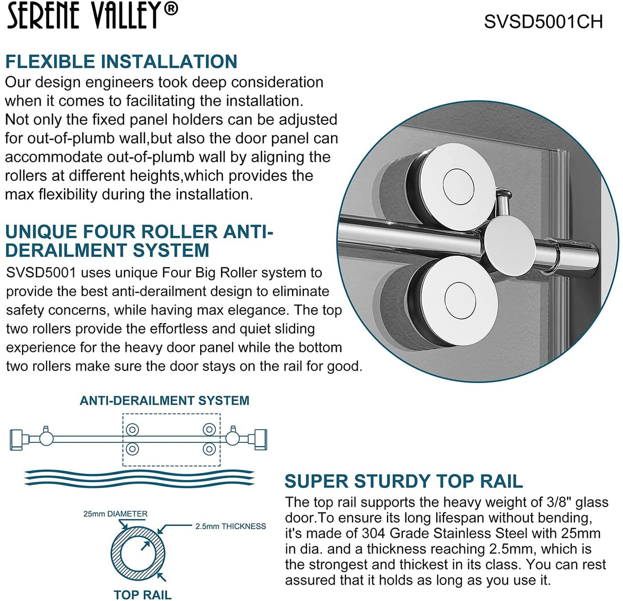 Serene Valley SVSD5001-4874CH Big Roller Frameless Sliding Shower Door - Superclear 3/8" Tempered Glass - 304 Stainless Steel Hardware in Chrome 44"- 48"W x 74"H