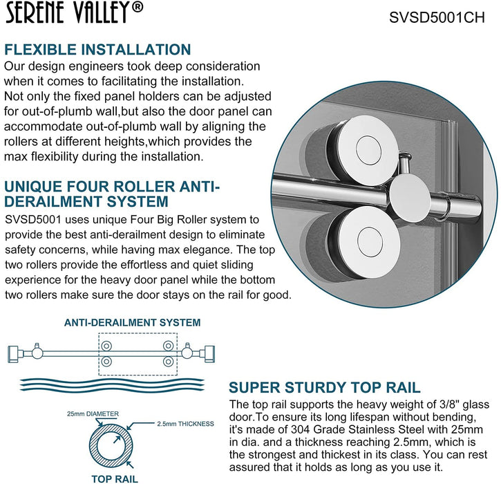 Serene Valley SVSD5001-5274CH Big Roller Frameless Sliding Shower Door - Superclear 3/8" Tempered Glass - 304 Stainless Steel Hardware in Chrome 48"- 52"W x 74"H