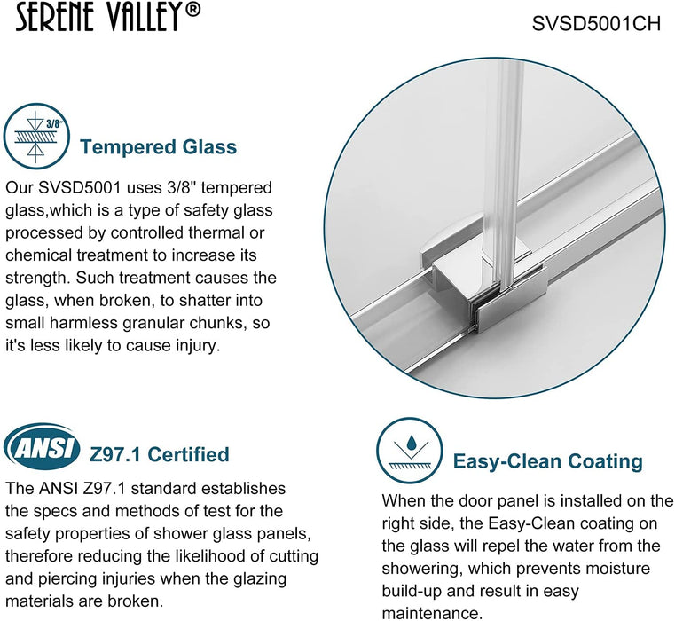 Serene Valley SVSD5001-5674CH Big Roller Frameless Sliding Shower Door - Superclear 3/8" Tempered Glass - 304 Stainless Steel Hardware in Chrome 52"- 56"W x 74"H