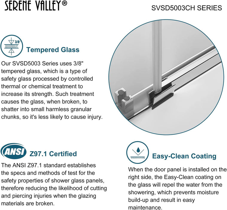 Serene Valley Square Rail Frameless Sliding Shower Door SVSD5003-5674CH, Easy-Clean Coating 3/8" Tempered Glass - 304 Stainless Steel Hardware in Chrome 52"- 56"W x 74"H