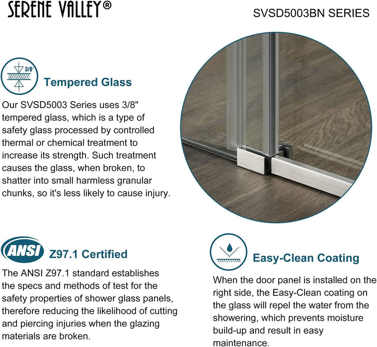 Serene Valley Square Rail Frameless Sliding Shower Door SVSD5003-5674BN, Easy-Clean Coating 3/8" Tempered Glass - 304 Stainless Steel Hardware in Brushed Nickel 52"- 56"W x 74"H