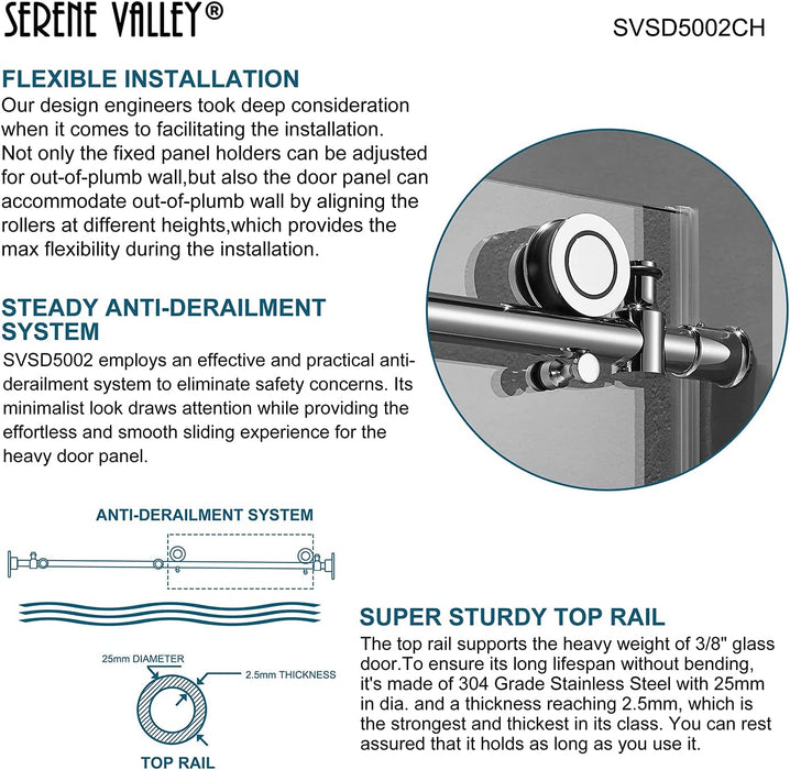 Serene Valley SVSD5002-6476CH Big Roller Frameless Sliding Shower Door - Superclear 3/8" Tempered Glass - 304 Stainless Steel Hardware in Chrome 60"- 64"W x 76"H