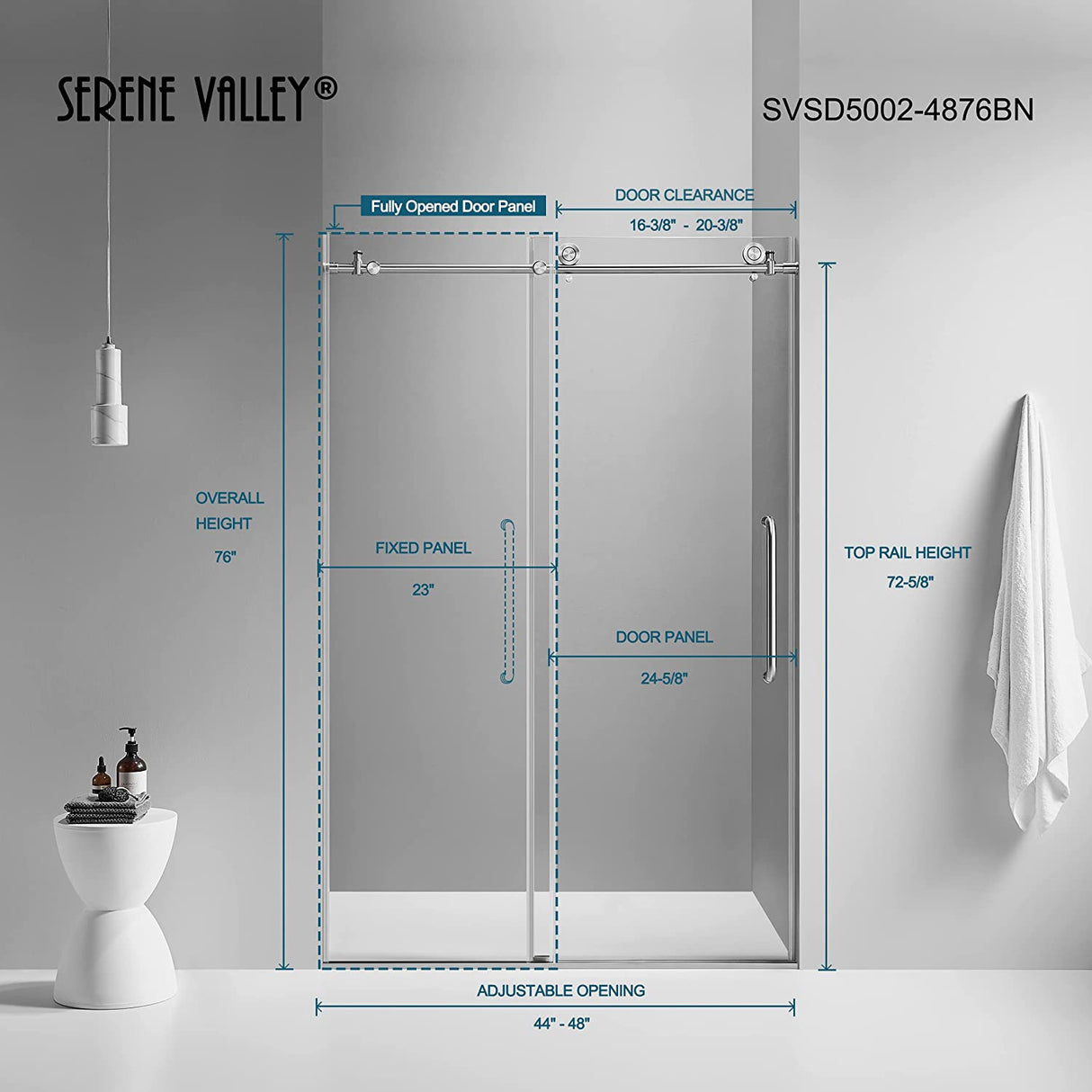 Serene Valley SVSD5002-4876BN Big Roller Frameless Sliding Shower Door - Superclear 3/8" Tempered Glass - 304 Stainless Steel Hardware in Brushed Nickel 44"- 48"W x 76"H