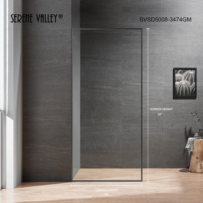 Serene Valley Stand-Alone Shower Screen SVSD5008-3474GM, 3/8" Tempered Glass with Easy-Clean Coating, Premium 304 Stainless Steel Construction with Reversible Installation, Gunmetal Finish