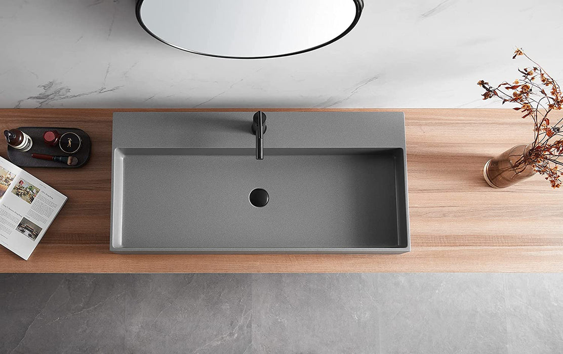 Serene Valley Bathroom Sink, Wall-Mount Install or On Countertop, 47" with Double Faucet Hole, Premium Granite Material in Matte Gray