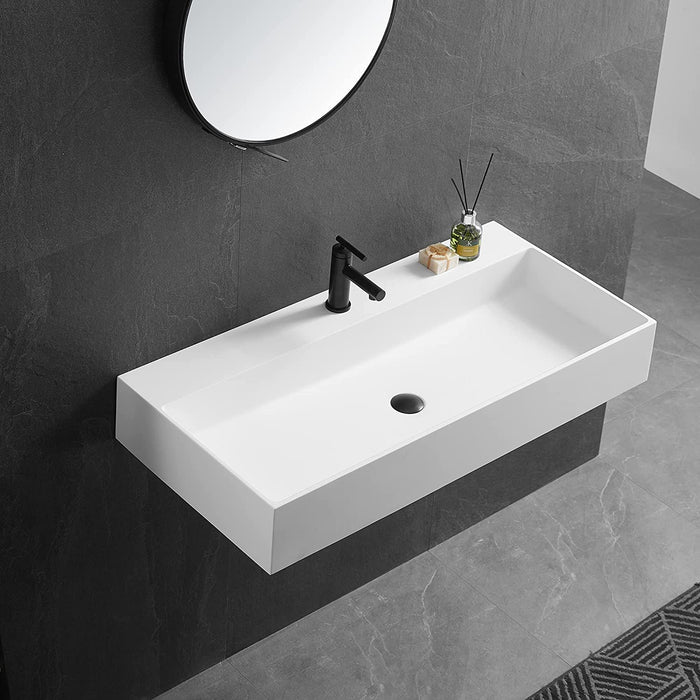 Serene Valley Bathroom Sink, Wall-Mount Install or On Countertop, 47" with Double Faucet Hole, Solid Surface Material for Max Elegance