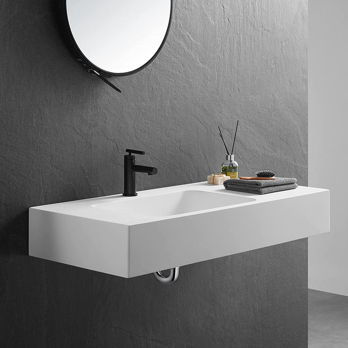 Serene Valley Bathroom Sink, Wall-Mount or On Countertop, 47" with Square Sink and Flat Space, Single Faucet Hole, Solid Surface Material in Matte White