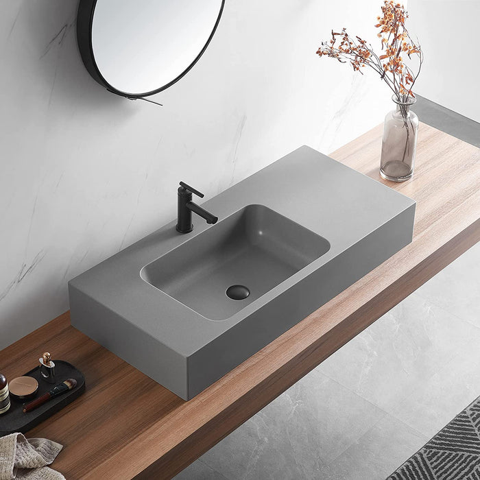 Serene Valley Bathroom Sink, Wall-Mount or On Countertop, 47" with Square Sink and Flat Space, Single Faucet Hole, Premium Granite Material in Gray