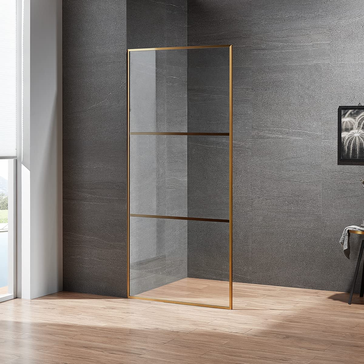 Serene Valley Stand-Alone Shower Screen SVSD5005-3474BG, 3/8" Tempered Glass with Easy-Clean Coating, Premium 304 Stainless Steel Construction with Reversible Installation, Brushed Gold Finish