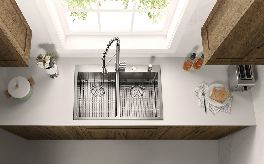 Stainless Steel 33-in. 50/50 Double Bowl Drop-in or Undermount Kitchen Sink with Thick Deck and Grids, DD3321R