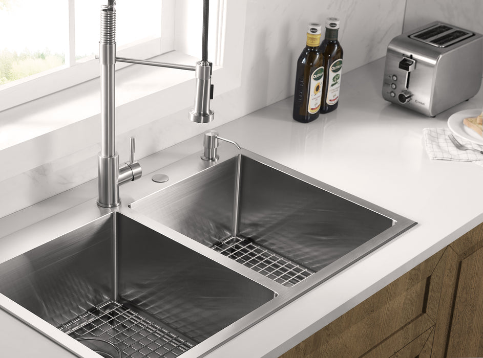 Stainless Steel 33-in. 50/50 Double Bowl Drop-in or Undermount Kitchen Sink with Thick Deck and Grids, DD3322R