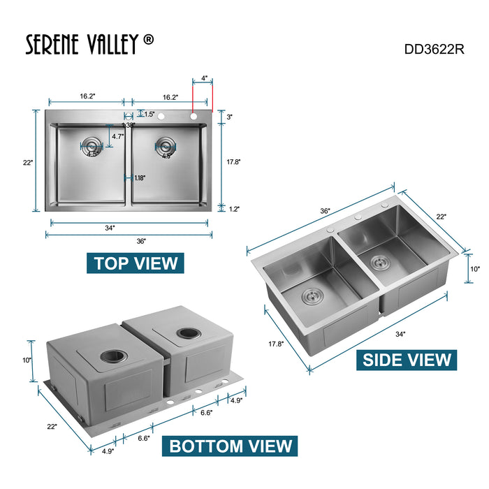 Stainless Steel 36-in. 50/50 Double Bowl Drop-in or Undermount Kitchen Sink with Thick Deck and Grids, DD3622R
