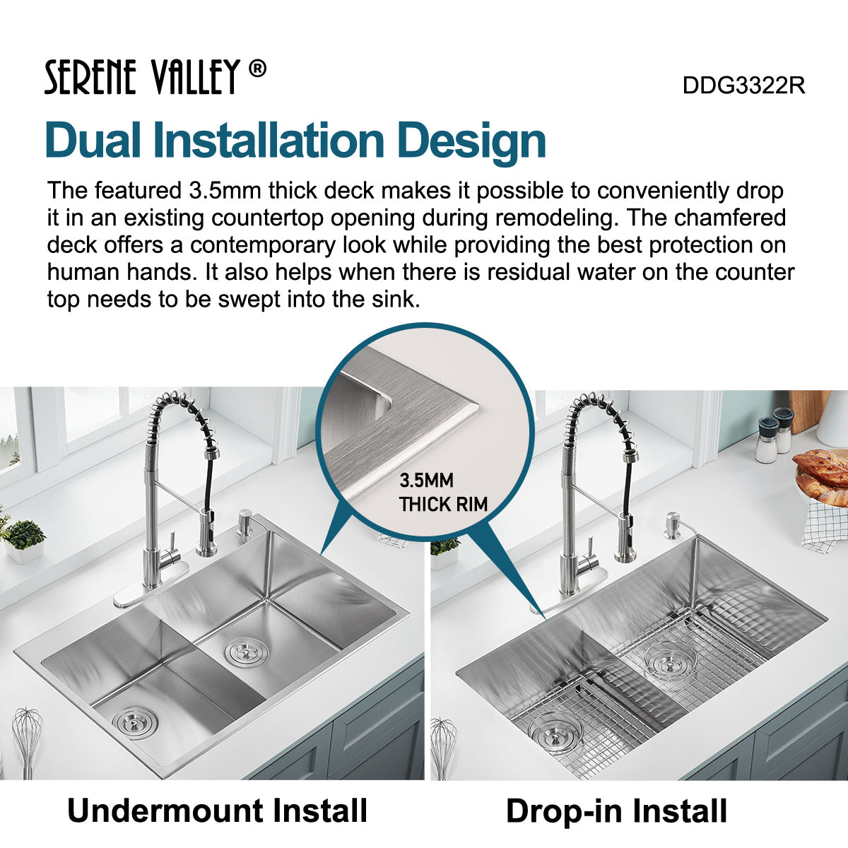 Serene Valley Stainless Steel Kitchen Sink,33-inch Thick Deck Dual Mount, Double Bowl with Unique Thin Divider, Heavy-Duty Grids DDG3322R