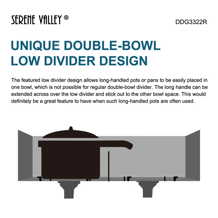Serene Valley Stainless Steel Kitchen Sink,33-inch Thick Deck Dual Mount, Double Bowl with Unique Thin Divider, Heavy-Duty Grids DDG3322R