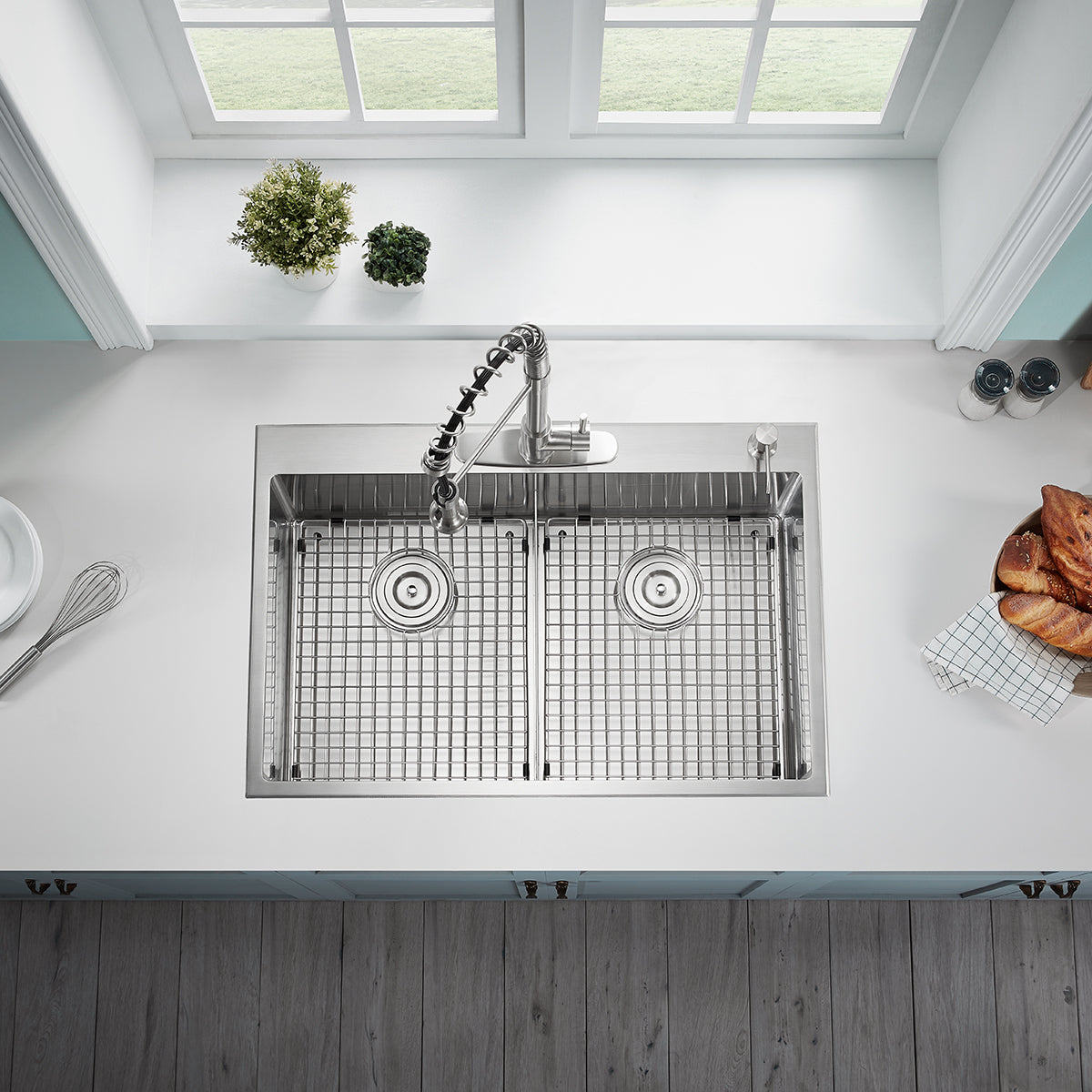 Serene Valley Stainless Steel Kitchen Sink,33-inch Thick Deck Dual Mount, Double Bowl with Unique Thin Divider, Heavy-Duty Grids DDG3322R