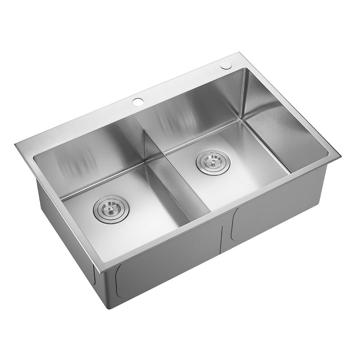 Serene Valley Stainless Steel Kitchen Sink,33-inch Thick Deck Dual Mount, Double Bowl with Unique Thin Divider, Heavy-Duty Grids DDG3322R