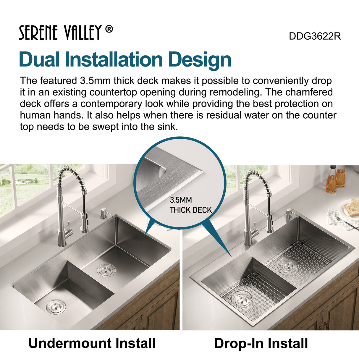 Stainless Steel 36-in. Double Bowl Drop-in or Undermount Kitchen Sink with Thin Divider DDG3622R