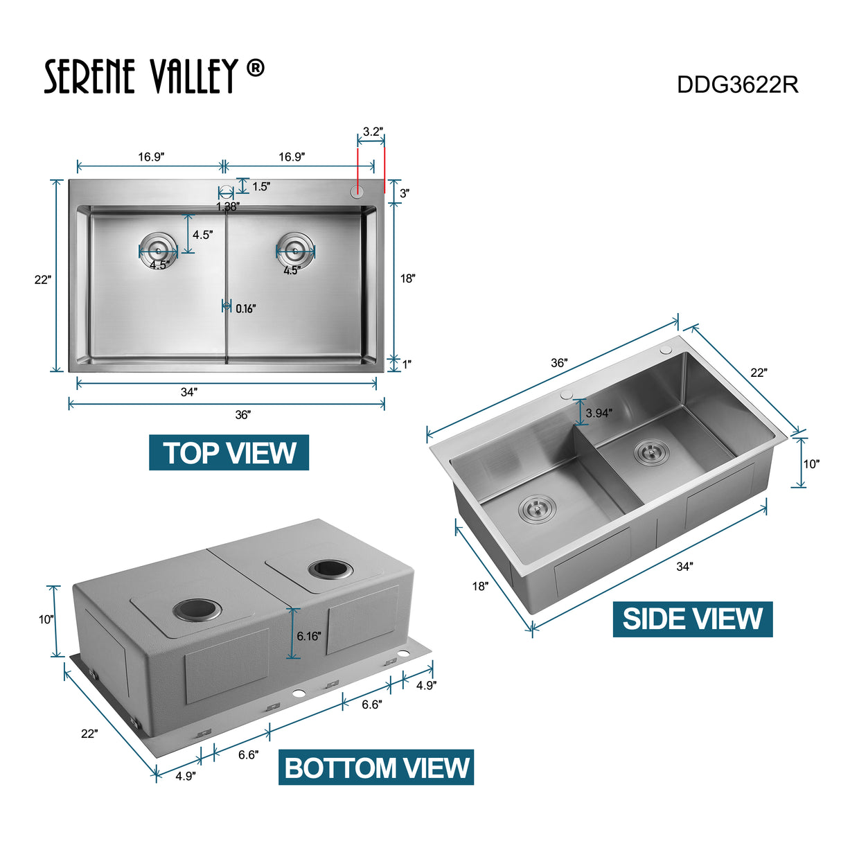 Stainless Steel 36-in. Double Bowl Drop-in or Undermount Kitchen Sink with Thin Divider DDG3622R