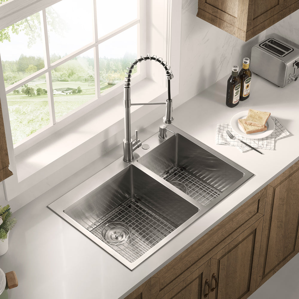 Stainless Steel 33-in. 60/40 Double Bowl Drop-in or Undermount Kitchen Sink with Thick Deck and Grids, DDK3322R