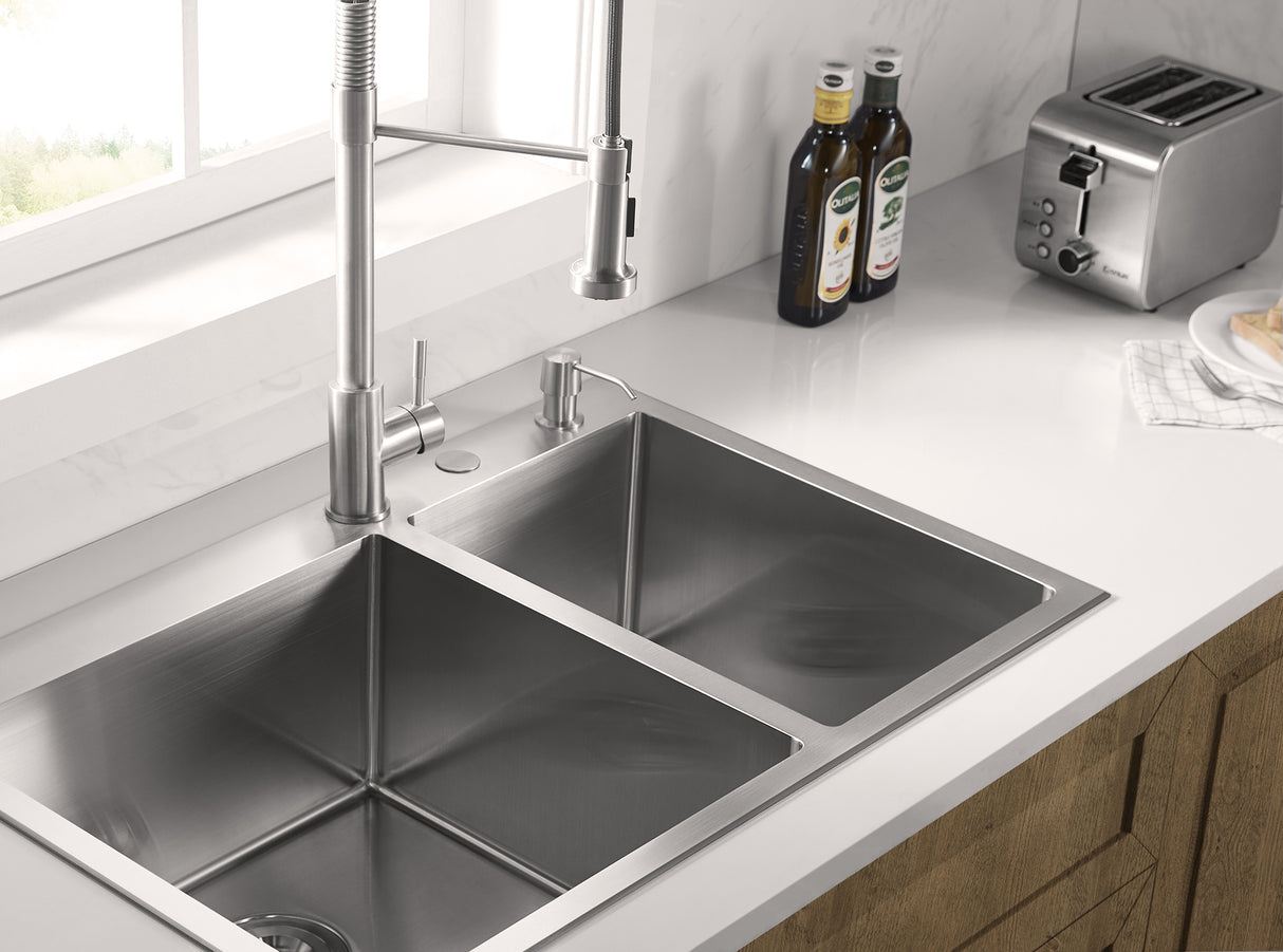 Stainless Steel 33-in. 60/40 Double Bowl Drop-in or Undermount Kitchen Sink with Thick Deck and Grids, DDK3322R