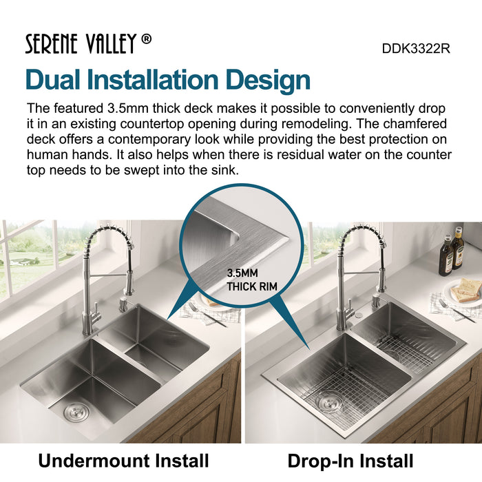 Stainless Steel 33-in. 60/40 Double Bowl Drop-in or Undermount Kitchen Sink with Thick Deck and Grids, DDK3322R