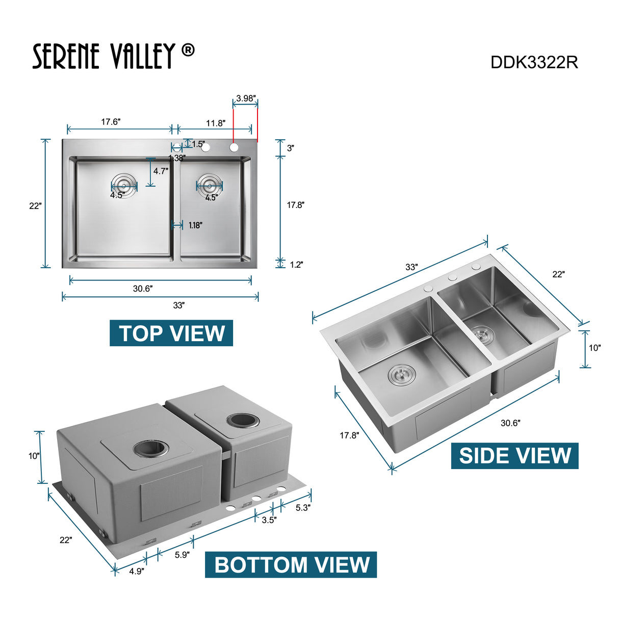 Stainless Steel 33-in. 60/40 Double Bowl Drop-in or Undermount Kitchen Sink with Thick Deck and Grids, DDK3322R