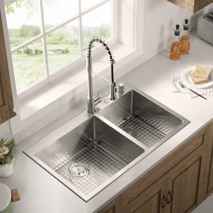 Stainless Steel 36-in. 60/40 Double Bowl Drop-in or Undermount Kitchen Sink with Thick Deck and Grids, DDK3622R