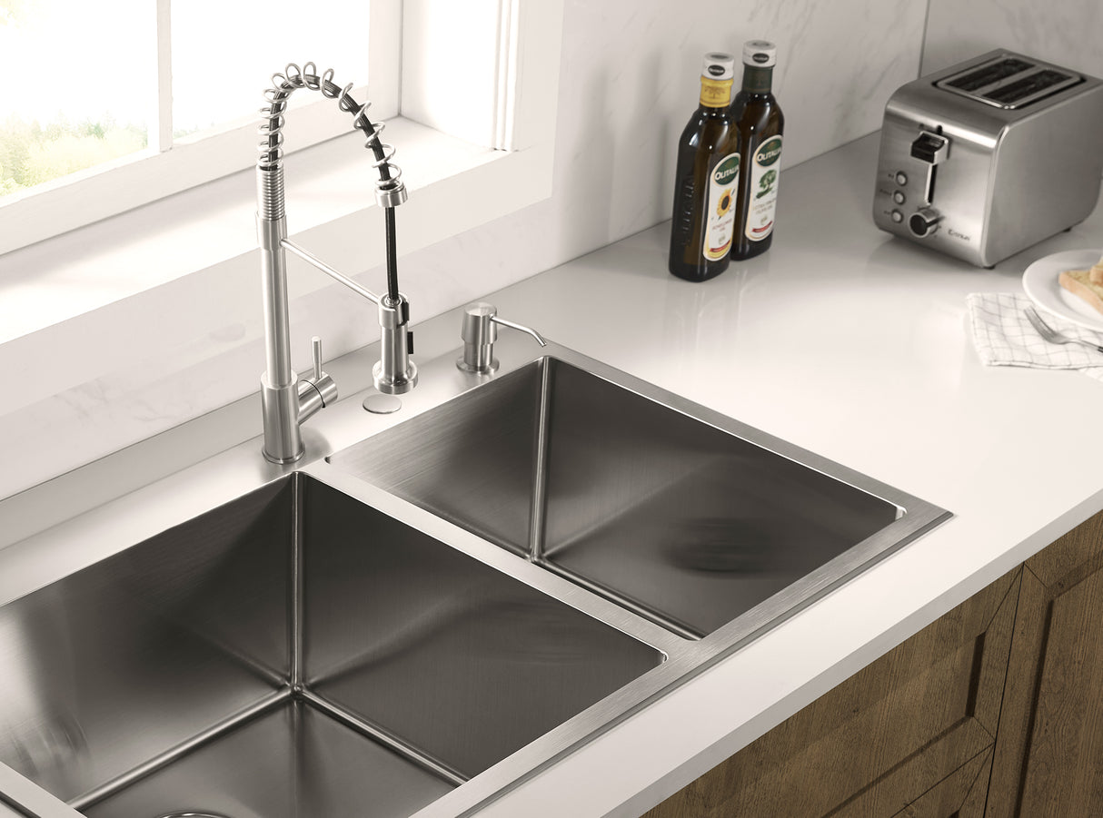 Stainless Steel 36-in. 60/40 Double Bowl Drop-in or Undermount Kitchen Sink with Thick Deck and Grids, DDK3622R