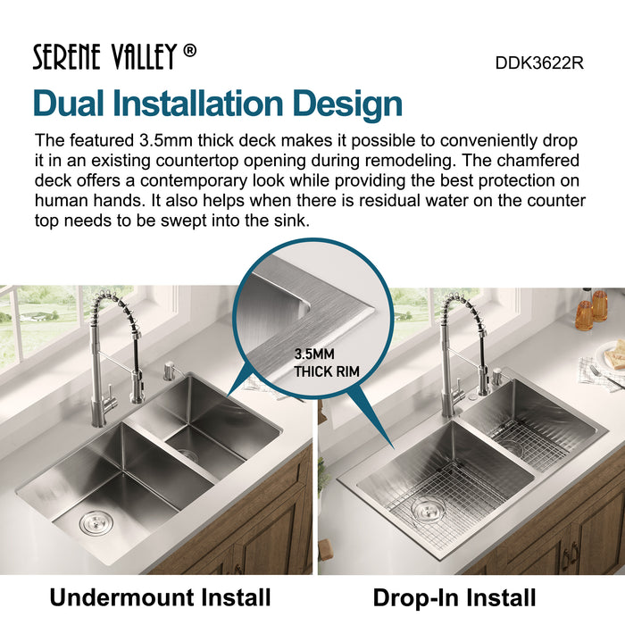Stainless Steel 36-in. 60/40 Double Bowl Drop-in or Undermount Kitchen Sink with Thick Deck and Grids, DDK3622R