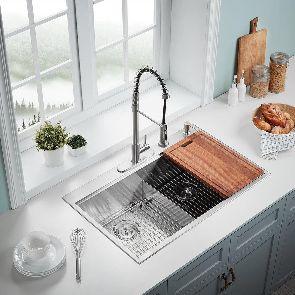 Serene Valley Workstation Kitchen Sink, 36-inch Thick-Deck Dual Mount, Cutting Board, Unique Thin Divider and Heavy-Duty Grids DDWG3622R