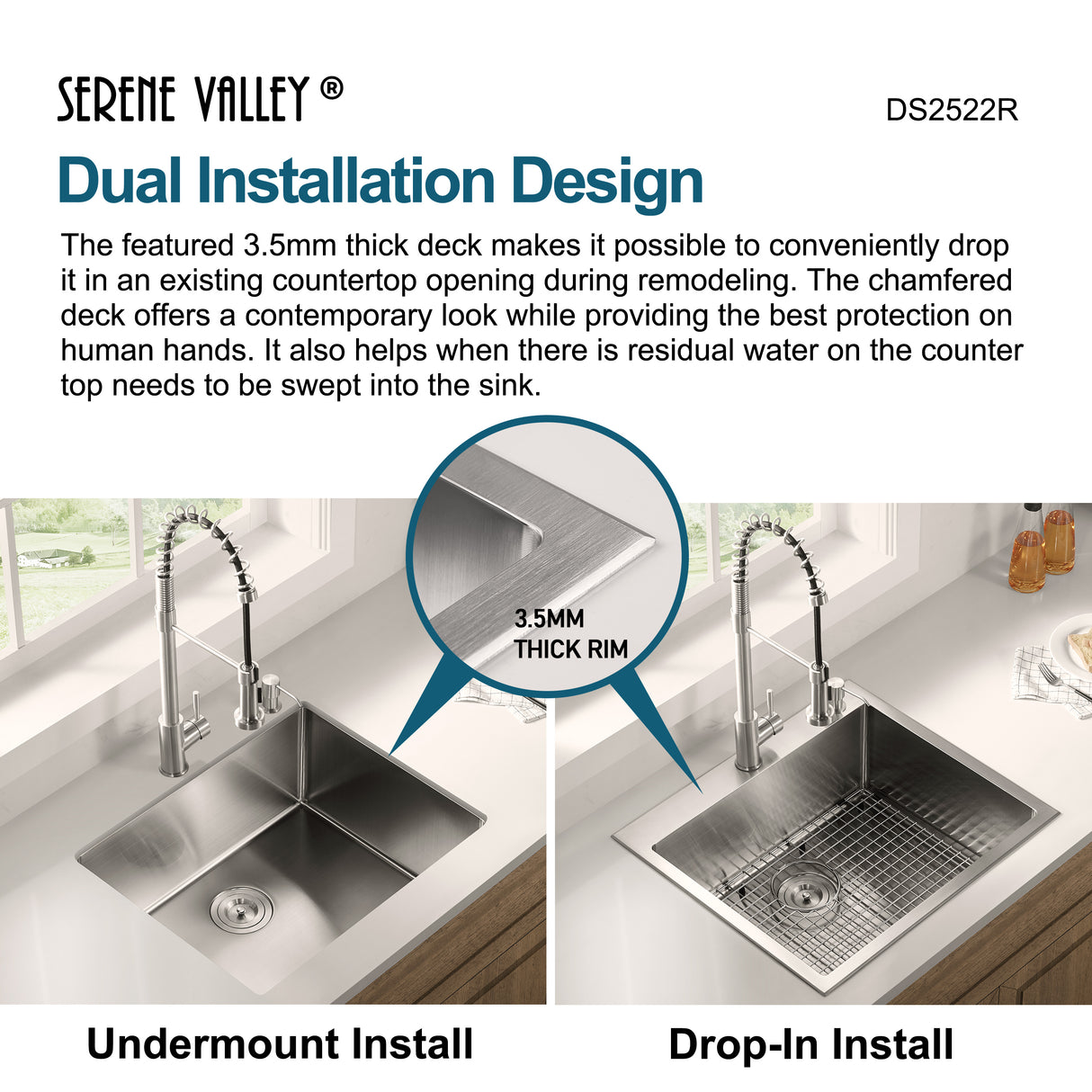 Stainless Steel 25-in. Single Bowl Drop-in or Undermount Kitchen Sink with Thick Deck and Grid, DS2522R