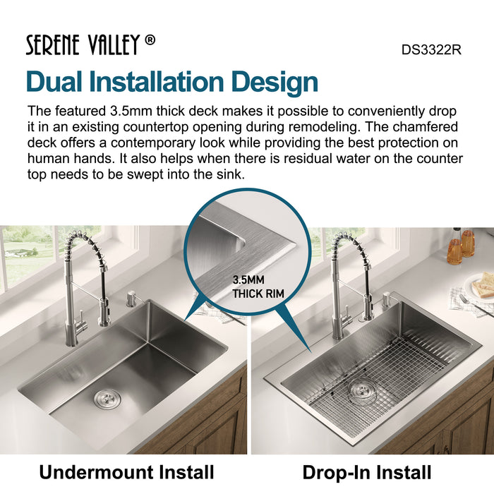 Stainless Steel 33-in. Single Bowl Drop-in or Undermount Kitchen Sink with Thick Deck and Grid, DS3322R