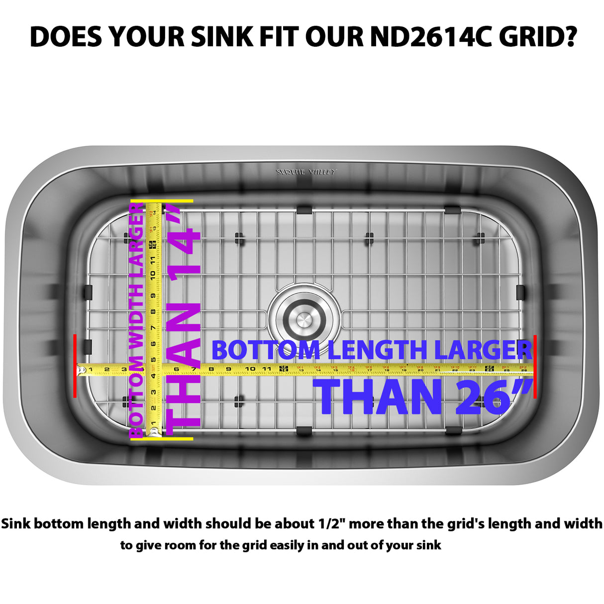 Serene Valley Sink Bottom Grid 26" x 14", Centered Drain with Corner Radius 3-1/2", ND2614C