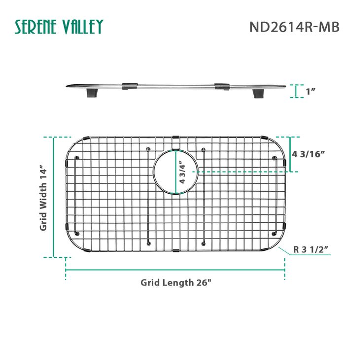 Serene Valley Sink Bottom Grid 26" x 14", Matte Black Color, Rear Drain with Corner Radius 3-1/2", ND2614R-MB