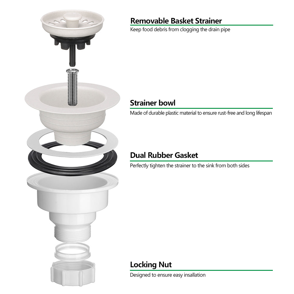 Serene Valley 3-1/2 inch Kitchen Sink Strainer Assembly with Stopper for Matching Color of Granite or Fireclay Sinks - White NDA0054