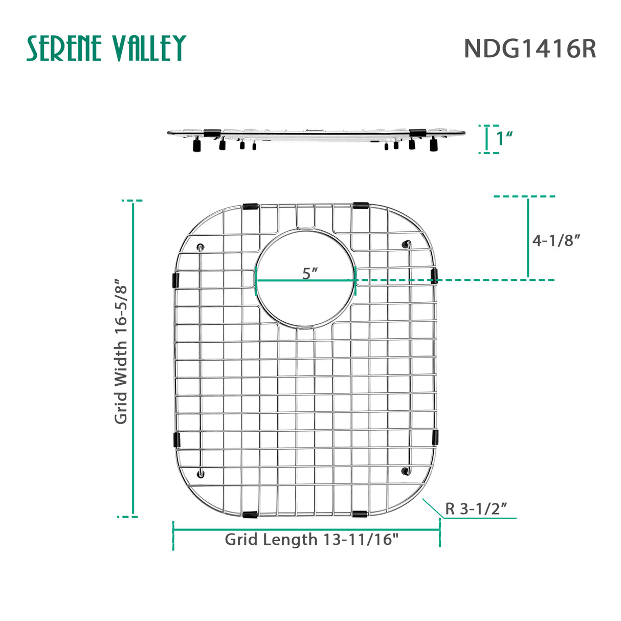 Sink Bottom Grid 13-11/16" X 16-5/8", Rear Drain with Corner Radius 3-1/2", Sink Protector NDG1416R