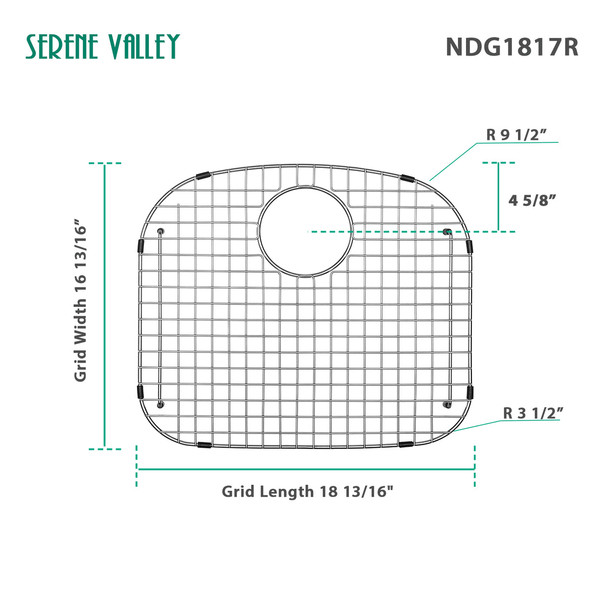 Sink Grid 18-13/16" x 16-13/16", Rear Drain with Bottom Corner Radius 3-1/2" and Top Corner Radius 9-1/2", NDG1817R