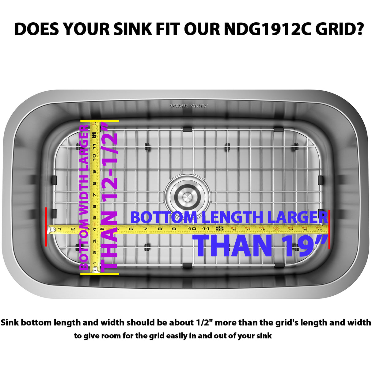 Serene Valley Sink Bottom Grid 19" x 12-1/2", Centered Drain with Corner Radius 1-1/2", NDG1912C