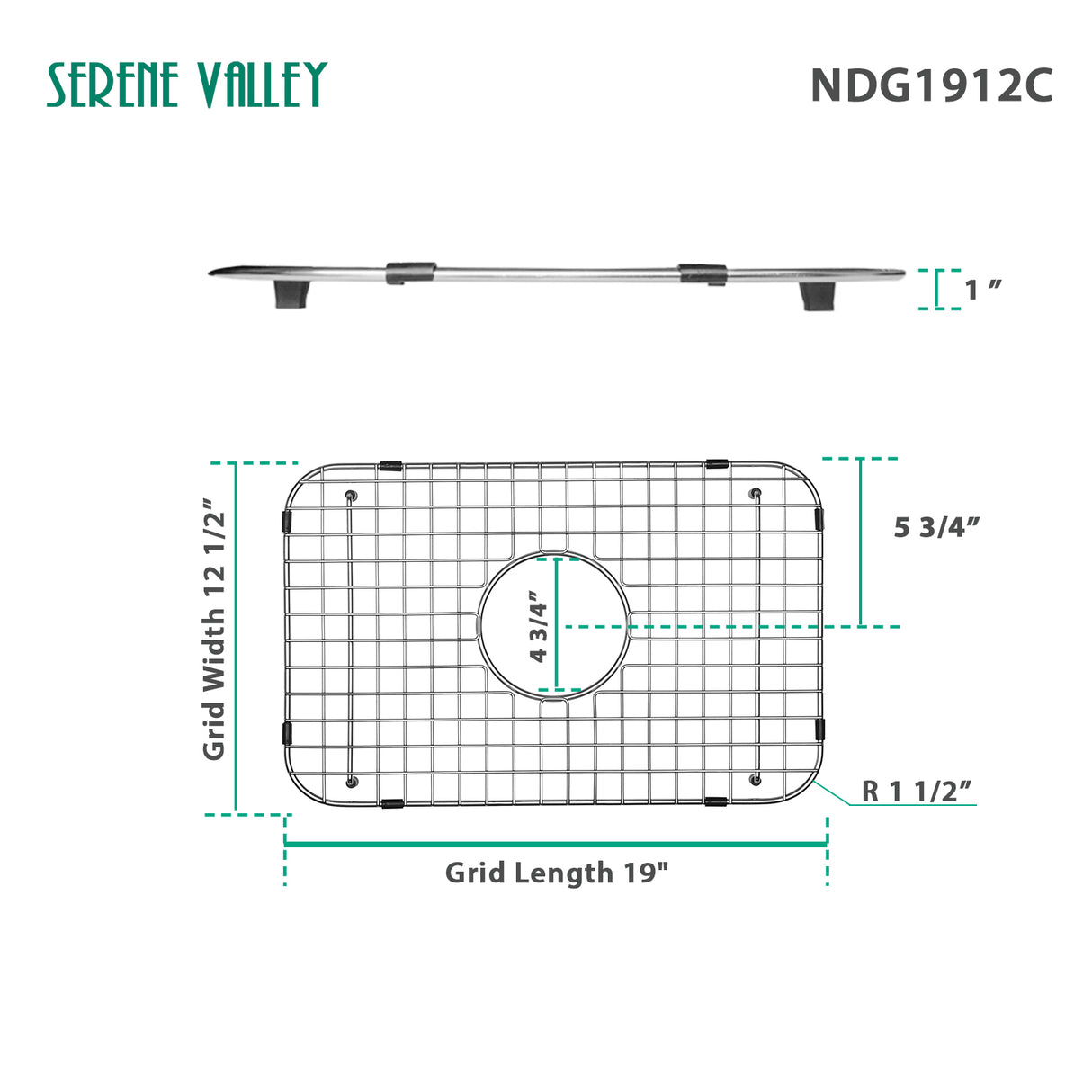 Serene Valley Sink Bottom Grid 19" x 12-1/2", Centered Drain with Corner Radius 1-1/2", NDG1912C