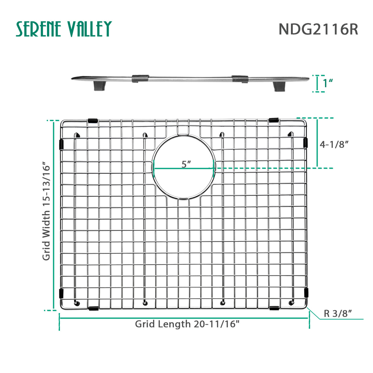 Sink Bottom Grid 20-11/16" X 15-13/16", Rear Drain with Corner Radius 3/16" NDG2116R