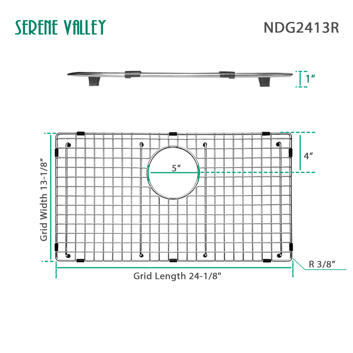 Sink Bottom Grid 24-1/8" X 13-1/8", Rear Drain with Corner Radius 3/16" NDG2413R