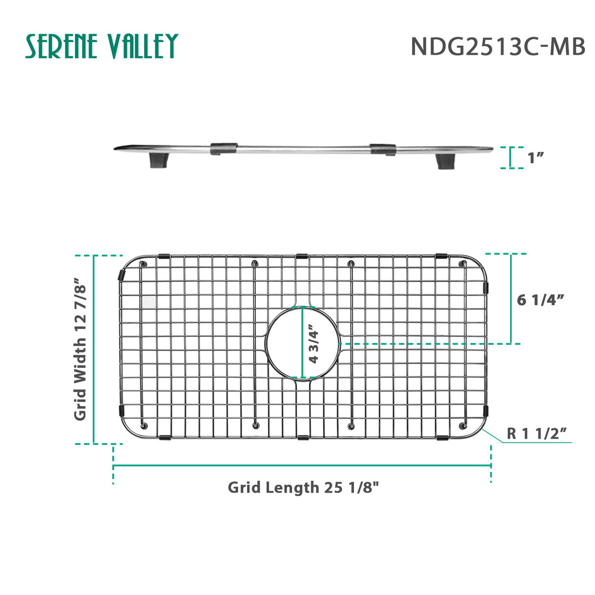 Serene Valley Sink Bottom Grid 25-1/8" x 12-7/8", Matte Black Color, Centered Drain with Corner Radius 1-1/2", Sink Grid Stainless Steel NDG2513C-MB